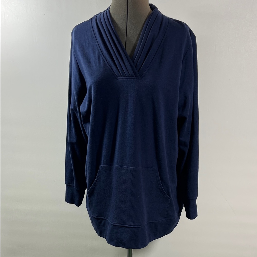 d & co. Active Sweat Shirt Women Size LP Navy V Neck Kangaroo Pockets Relax Fit